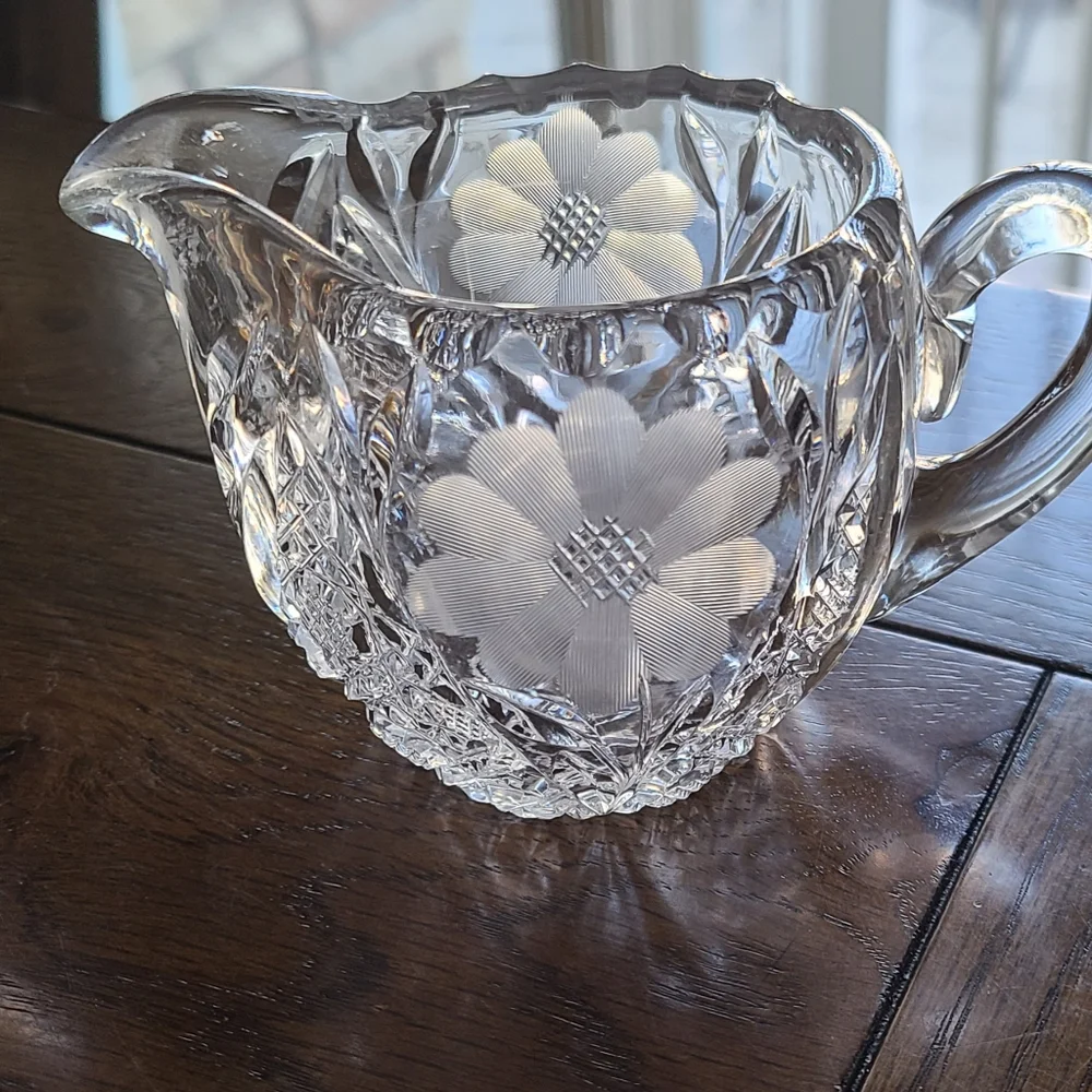 American Brilliant  cut glass sawtooth etched flower creamer & sugar bowl